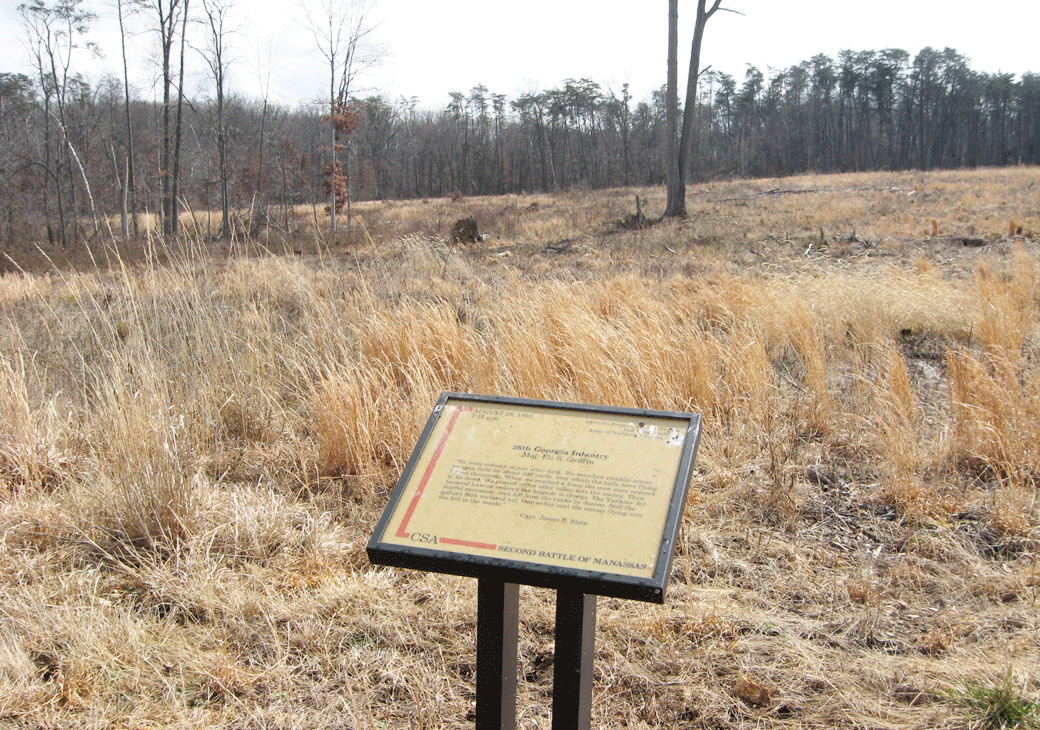 The 26th Georgia Infantry trailside marker is on the Brawner Farm loop trail at Stop One on the Manassas Battlefield Driving Tour.