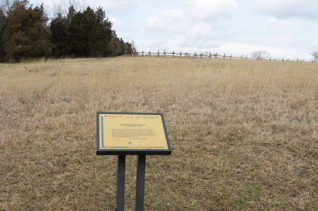 The 2nd Wisconsin Infantry trailside marker is on the Brawner Farm loop trail