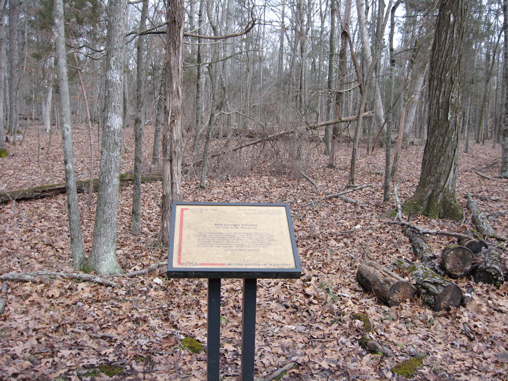 The 49th Georgia Infantry wayside marker is along the Unfinished Railroad on the Manassas Battlefield.