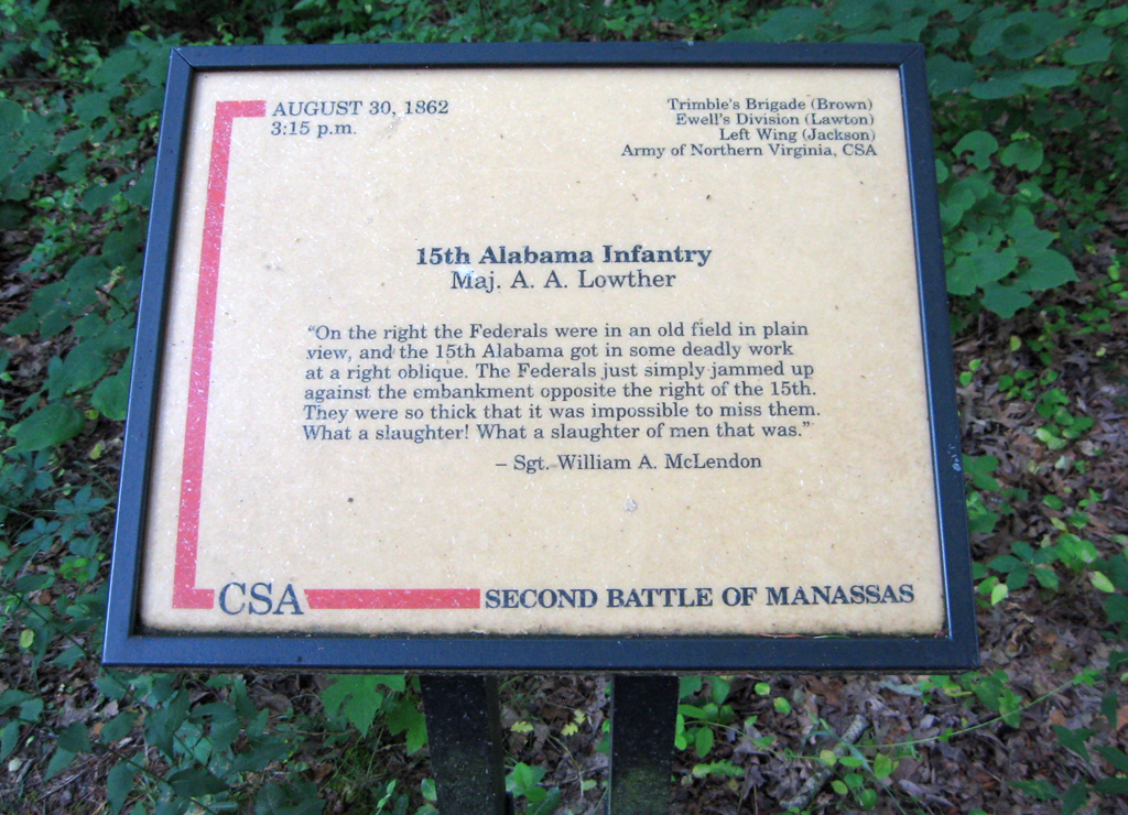 The 15th Alabama Infantry trailside marker is on the Deep Cut loop trail at Stop 7 of the Manassas Battlefield Driving Tour.