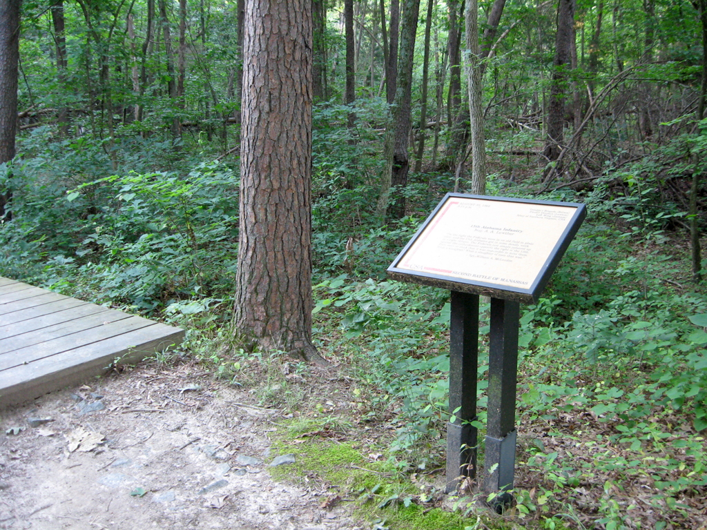 The 15th Alabama Infantry trailside marker is on the Deep Cut loop trail at Stop 7 of the Manassas Battlefield Driving Tour.