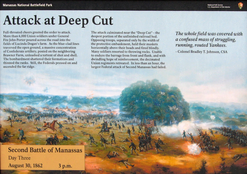 The Attack at Deep Cut wayside marker is at the parking area at the beginning of the Deep Cut Loop Tour.