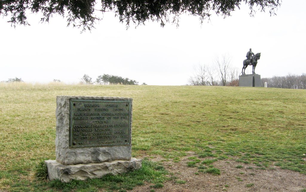 The monument to Confederate Brigadier General Francis S. Bartow is on Henry Hill near the Visitor Center.