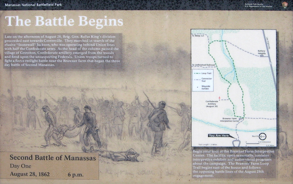 The Battle Begins wayside marker is at the parking area at Brawner's Farm, Stop One on the Manassas Battlefield Driving Tour.