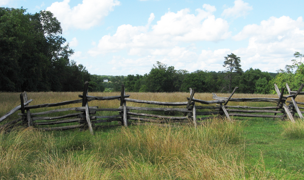 The Brawner Farmhouse in the distance from the Stuart's Hill center on the Manassas battlefield