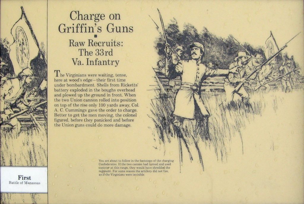 The Charge on Griffin's Guns wayside marker is on Henry Hill near the Manassas National Battlefield Park Visitor Center.