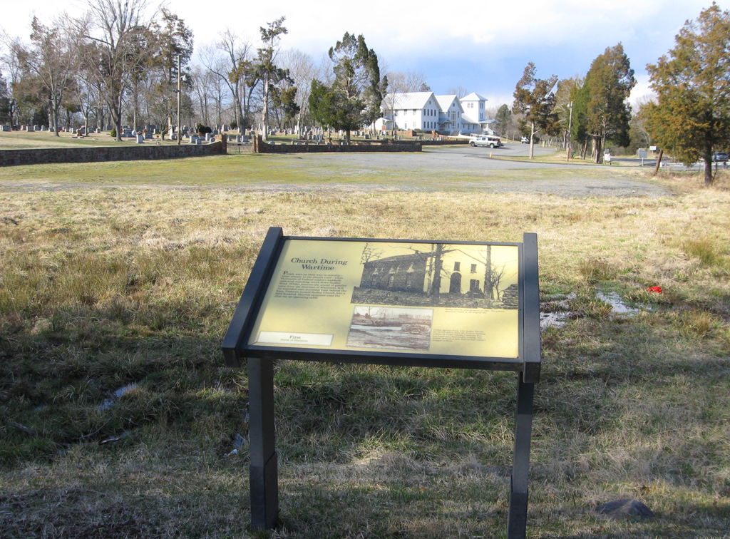 The Church During Wartime wayside marker is next to the parking area at Stop 5 on the Manassas Battlefield Driving Tour.