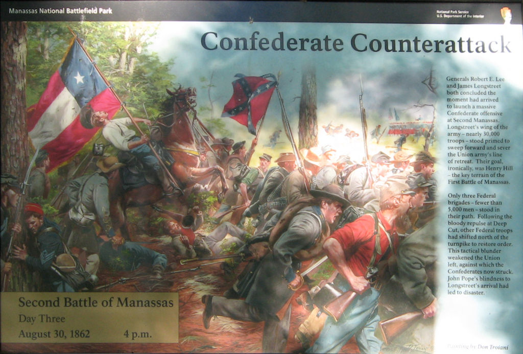 Closeup of the Confederate Counterattack wayside marker is at Stop 9 of the Manassas Battlefield Driving Tour