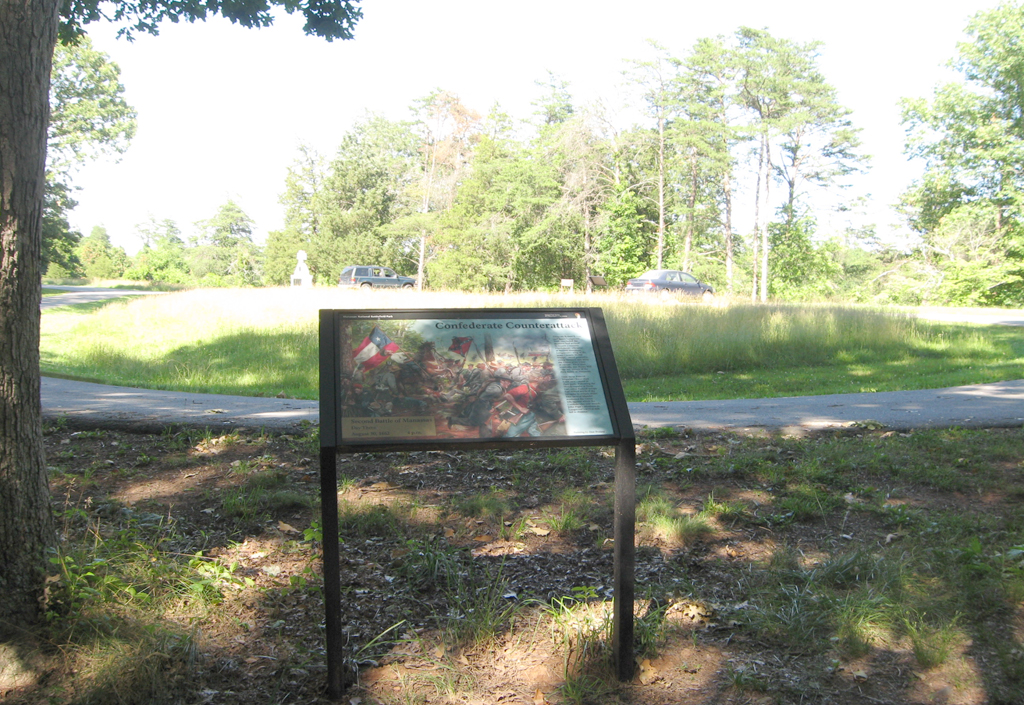 The Confederate Counterattack wayside marker is at Stop 9 of the Manassas Battlefield Driving Tour