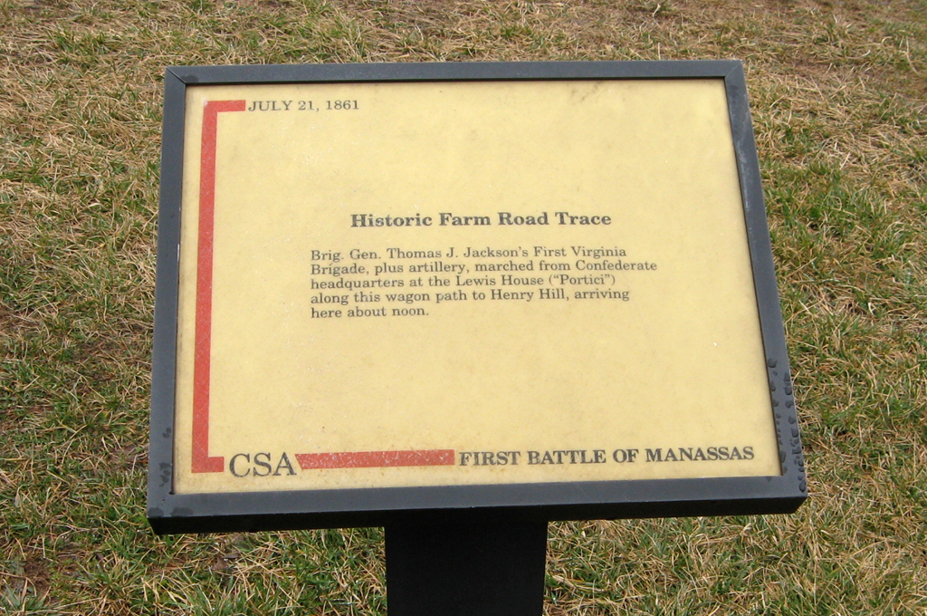 The Historic Farm Road Trace trailside marker is on the Henry Hill walking tour, which starts at the Manassas National Battlefield Visitor Center.