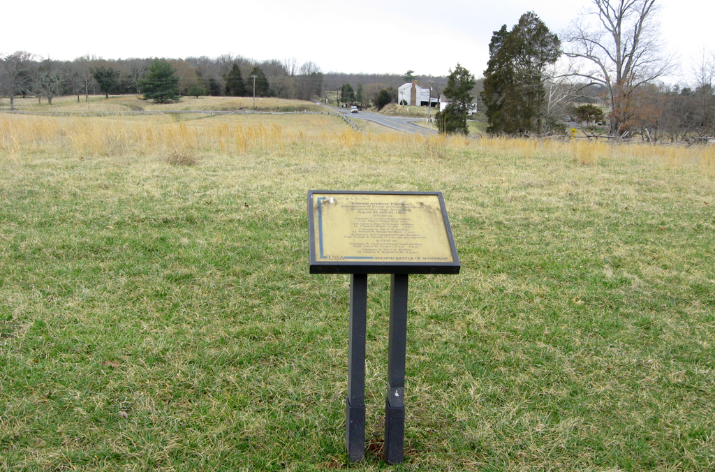 The Federal Artillery Position trailside marker is next to the 14th New York State Militia Regiment near the north end of New York Avenue on the way to Stop 9 of the Manassas Battlefield Driving Tour.