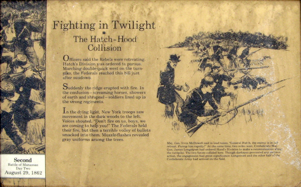 The Fighting in Twilight wayside marker is at Stop 8 of the Manassas Battlefield Driving Tour