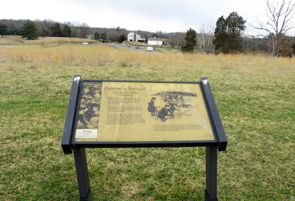 The Fighting in Twilight wayside marker is at Stop 8 of the Manassas Battlefield Driving Tour