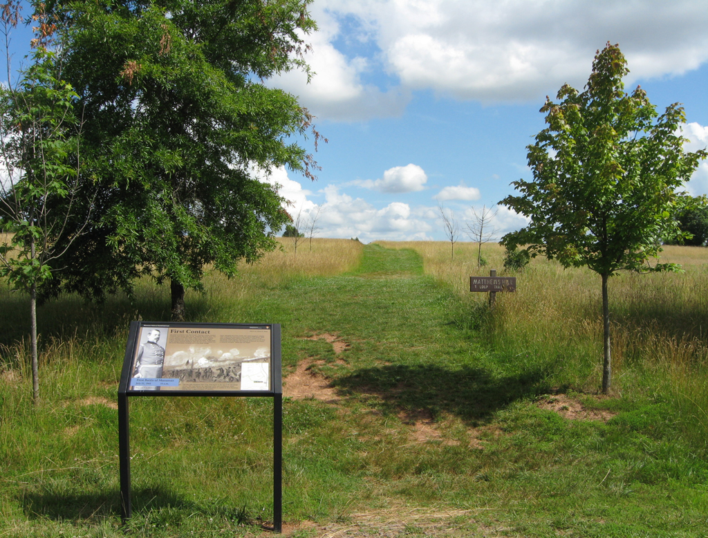 The First Contact wayside marker is at Stop 4 on the Manassas Battlefield Driving Tour.