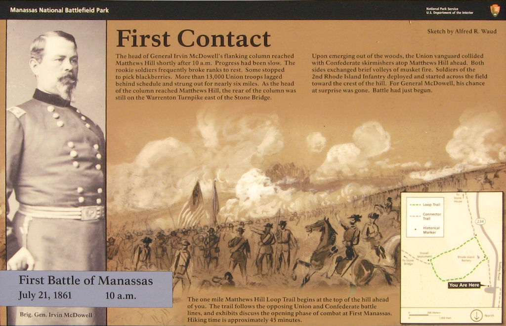 Closeup of the First Contact wayside marker at Stop 4 on the Manassas Battlefield Driving Tour.