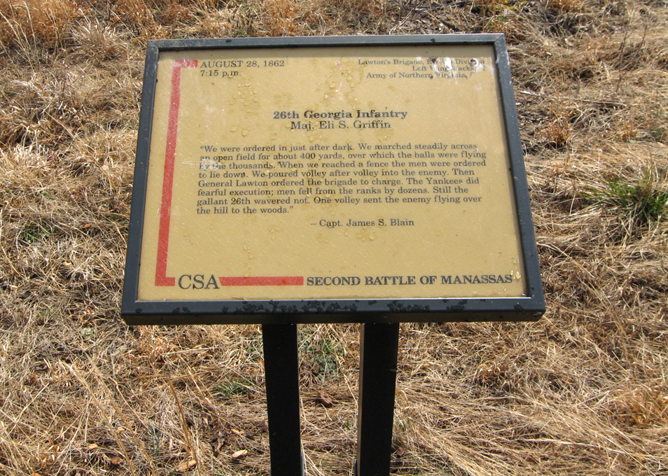 The 26th Georgia Infantry trailside marker is on the Brawner Farm loop trail at Stop One on the Manassas Battlefield Driving Tour.