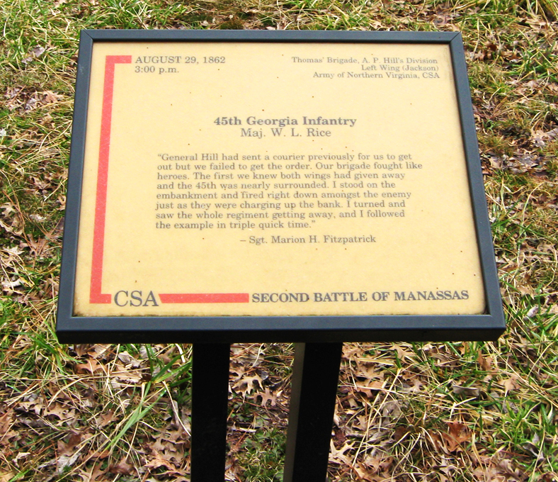 The 45th Georgia Infantry trailside marker is along the Unfinished Railroad, reached from Stop 6 on the Manassas Battlefield Driving Tour.