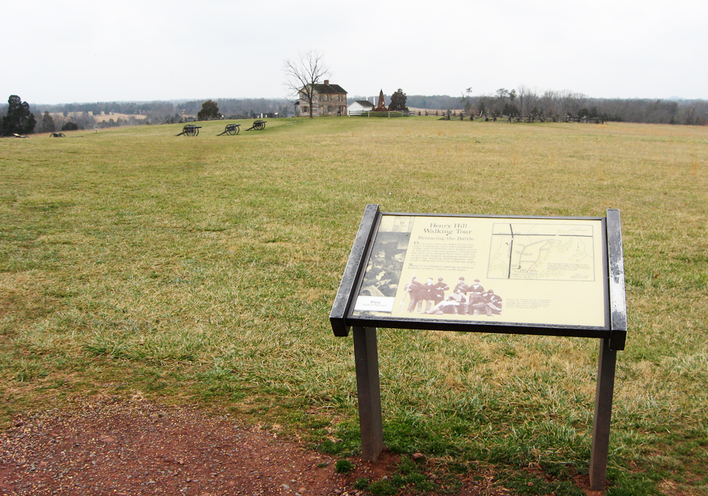 The Henry Hill Walking Tour wayside marker is at the Manassas National Battlefield Park Visitor Center.