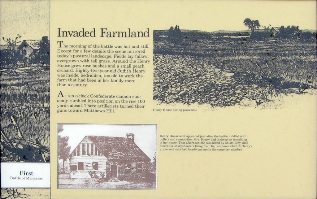 The Invaded Farmland wayside marker is on the Henry Hill walking tour north of the Manassas National Battlefield Visitor Center.