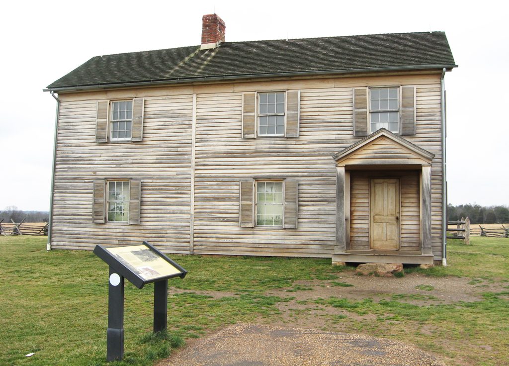 The Invaded Farmland wayside marker is on the Henry Hill walking tour north of the Manassas National Battlefield Visitor Center.