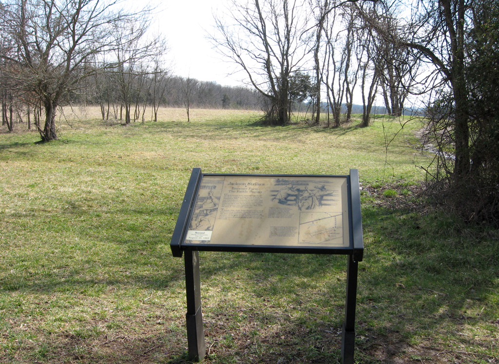 The Jackson Strikes wayside marker is on the Brawner Farm loop trail at Stop One on the Manassas Battlefield Driving Tour.