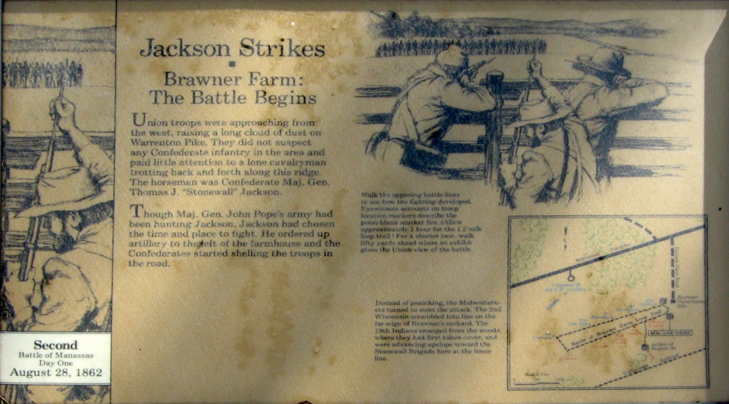 The Jackson Strikes wayside marker is on the Brawner Farm loop trail at Stop One on the Manassas Battlefield Driving Tour.