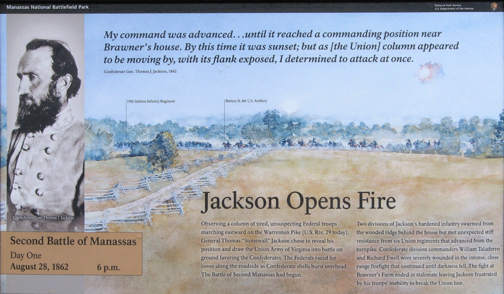The Jackson Opens Fire wayside marker is at the Brawner Farmhouse at Stop One on the Manassas Battlefield Driving Tour.