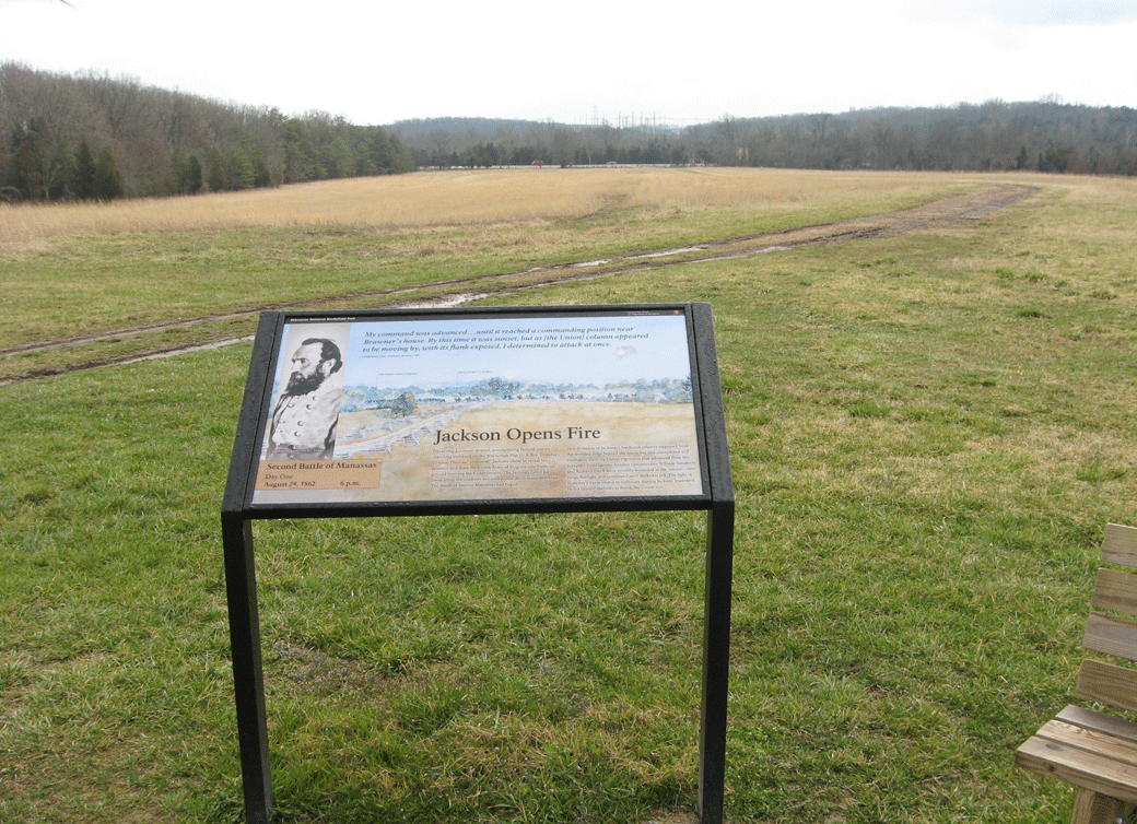 The Jackson Opens Fire wayside marker is at the Brawner Farmhouse at Stop One on the Manassas Battlefield Driving Tour.
