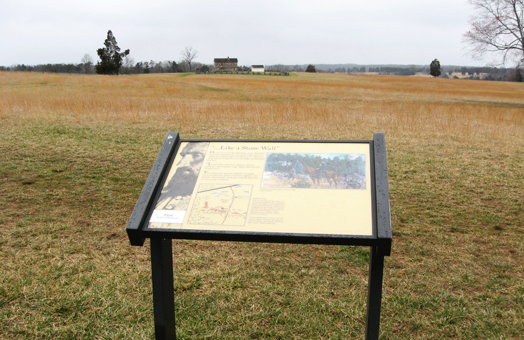 The Like a Stone Wall wayside marker is on the Henry Hill walking tour, which starts at the Manassas National Battlefield Visitor Center.