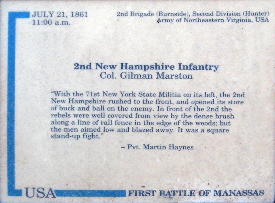 The 2nd New Hampshire Infantry trailside marker is on the Matthews Hill Loop Trail which begins at Stop 4 on the Manassas Battlefield Driving Tour.