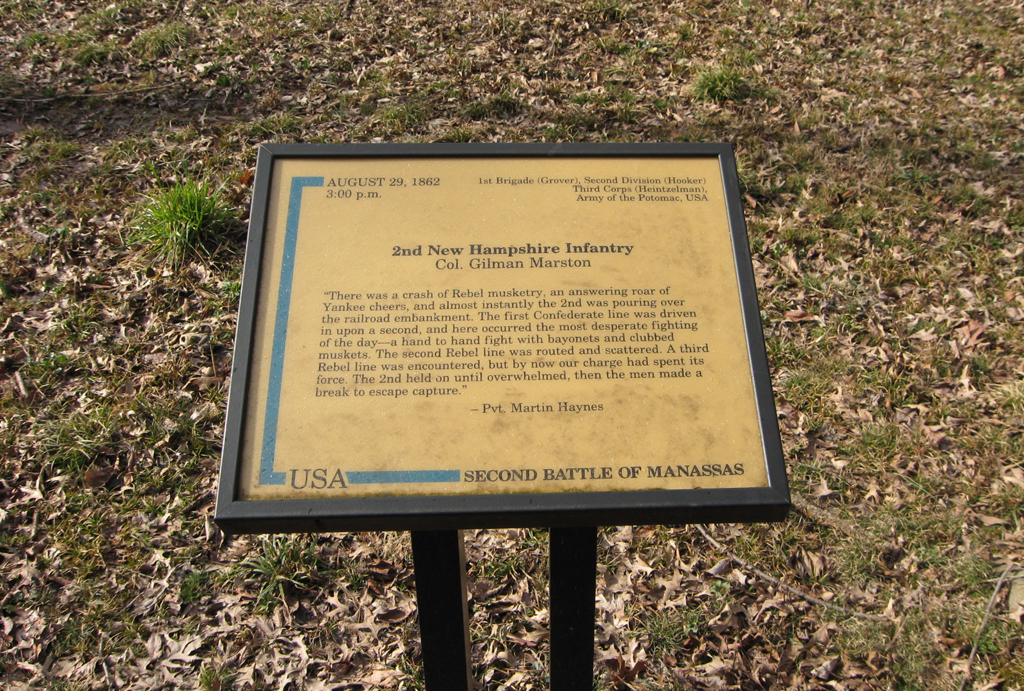 The 2nd New Hampshire Infantry trailside marker is along the Unfinished Railroad, reached from Stop 6 on the Manassas Battlefield Driving Tour.