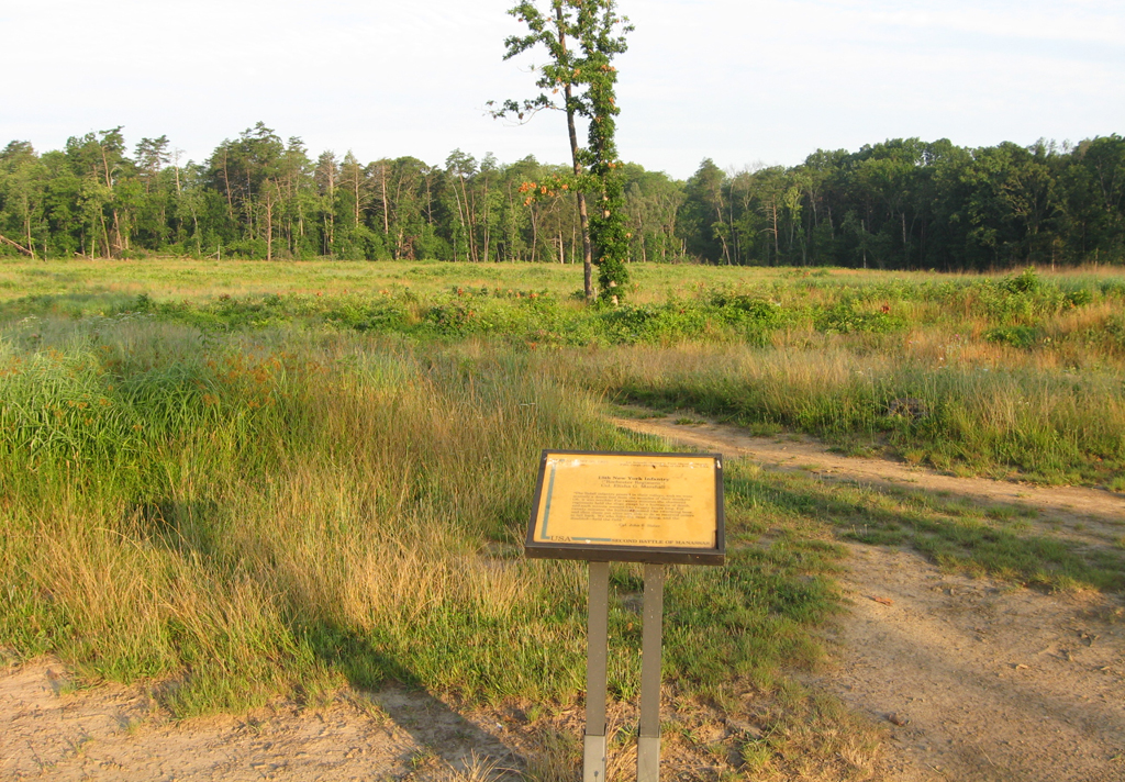 The 13th New York Infantry trailside marker is on the Deep Cut loop trail at Stop 7 of the Manassas Battlefield Driving Tour.