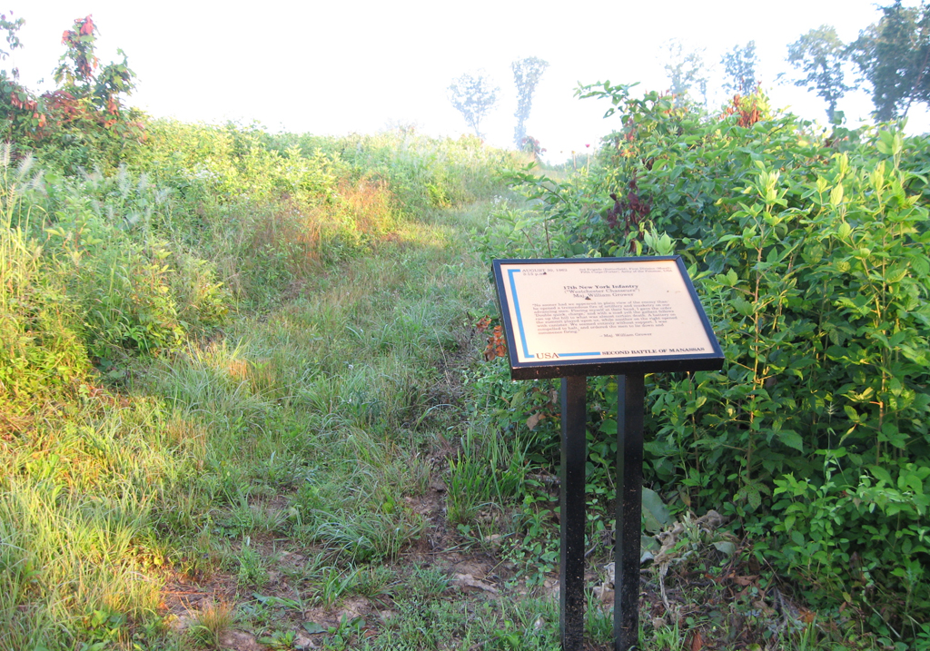 17th New York Infantry trailside marker is on the Brawner Farm loop trail at Stop One on the Manassas Battlefield Driving Tour.