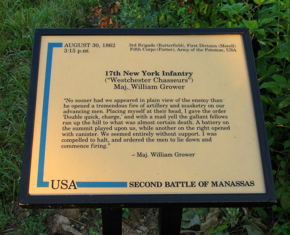17th New York Infantry trailside marker is on the Brawner Farm loop trail at Stop One on the Manassas Battlefield Driving Tour.