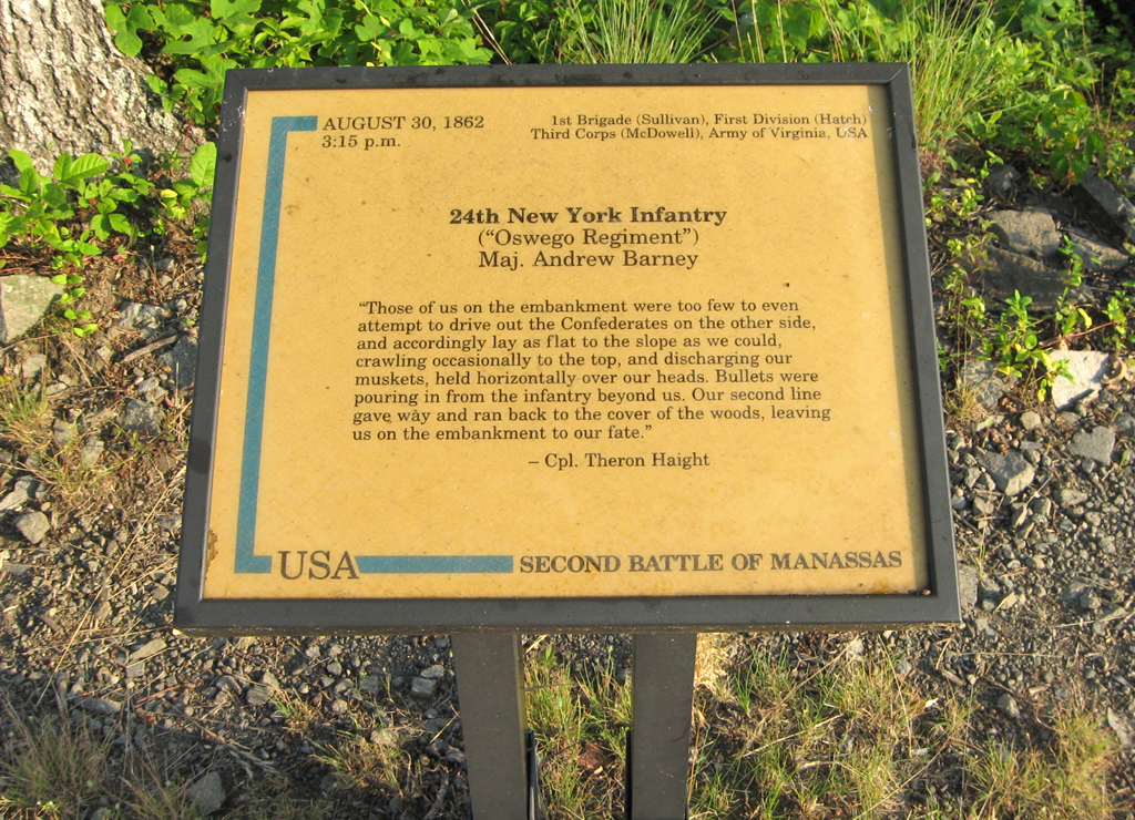 The 24th New York Infantry trailside marker is on the Deep Cut loop trail at Stop 7 of the Manassas Battlefield Driving Tour.