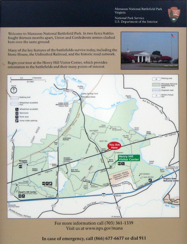 Left panel from the Stone House orientation marker is at Stop 3 on the Manassas Battlefield Driving Tour.