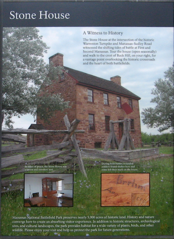 Right panel from the Stone House orientation marker is at Stop 3 on the Manassas Battlefield Driving Tour.