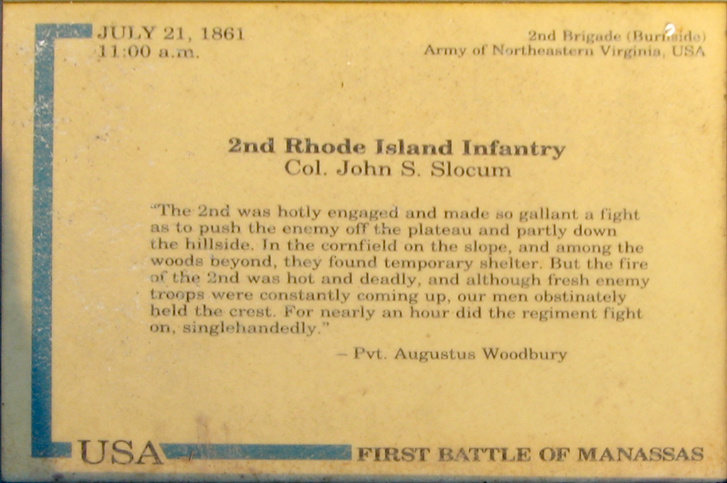 The 2nd Rhode Island Infantry trailside marker is on the Matthews Hill Loop Trail which begins at Stop 4 on the Manassas Battlefield Driving Tour.