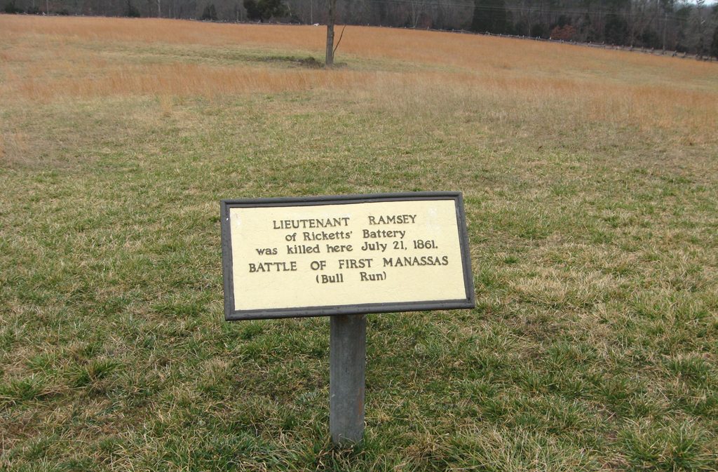 The Lieutenant Ramsey marker is on the Henry Hill walking tour north of the Manassas National Battlefield Visitor Center.