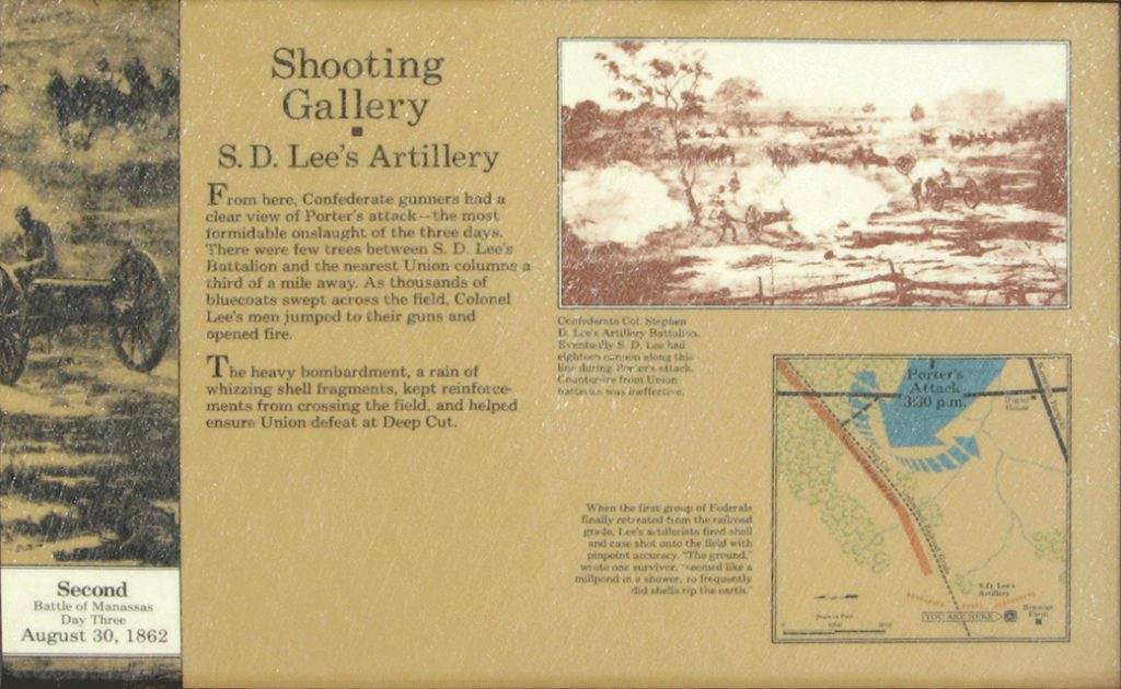 The Shooting Gallery wayside marker is on the walking trail that begins at Stop One on the Manassas Battlefield Driving Tour. 