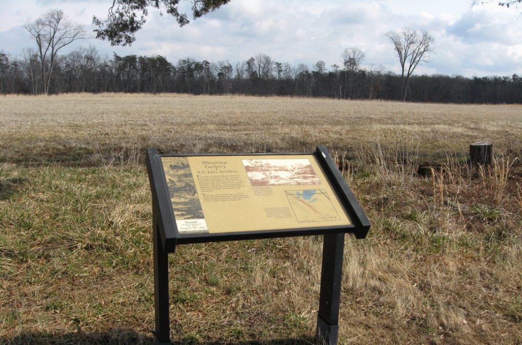 The Shooting Gallery wayside marker is on the walking trail that begins at Stop One on the Manassas Battlefield Driving Tour. 