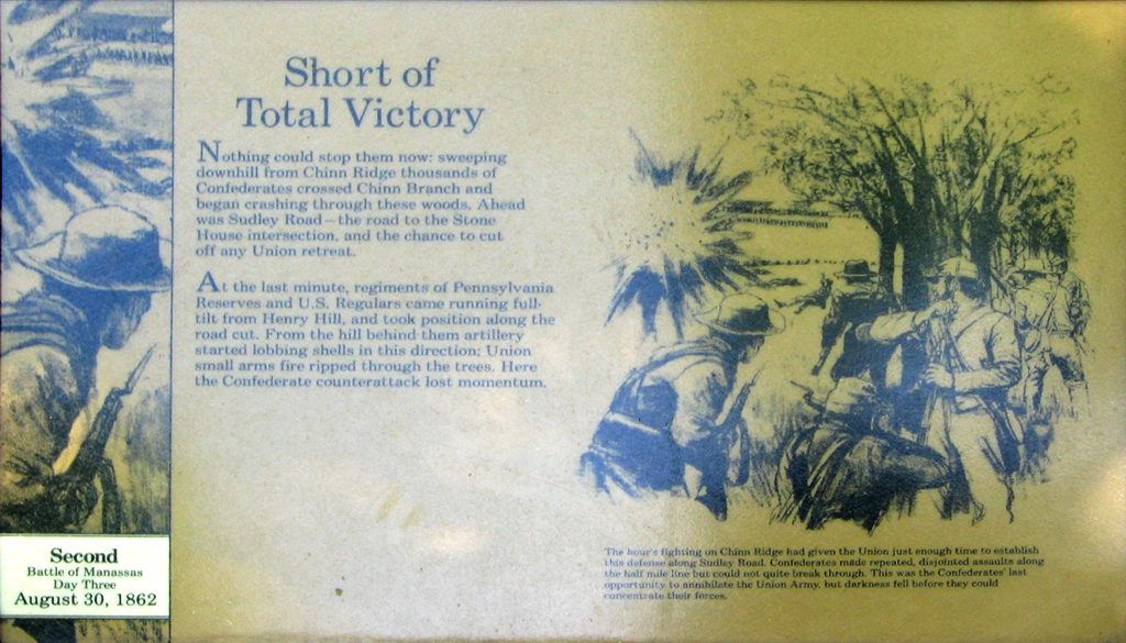 The Short of Total Victory wayside marker is along the one-way road to Stop Ten just after turning off Sudley Road on the Manassas battlefield.