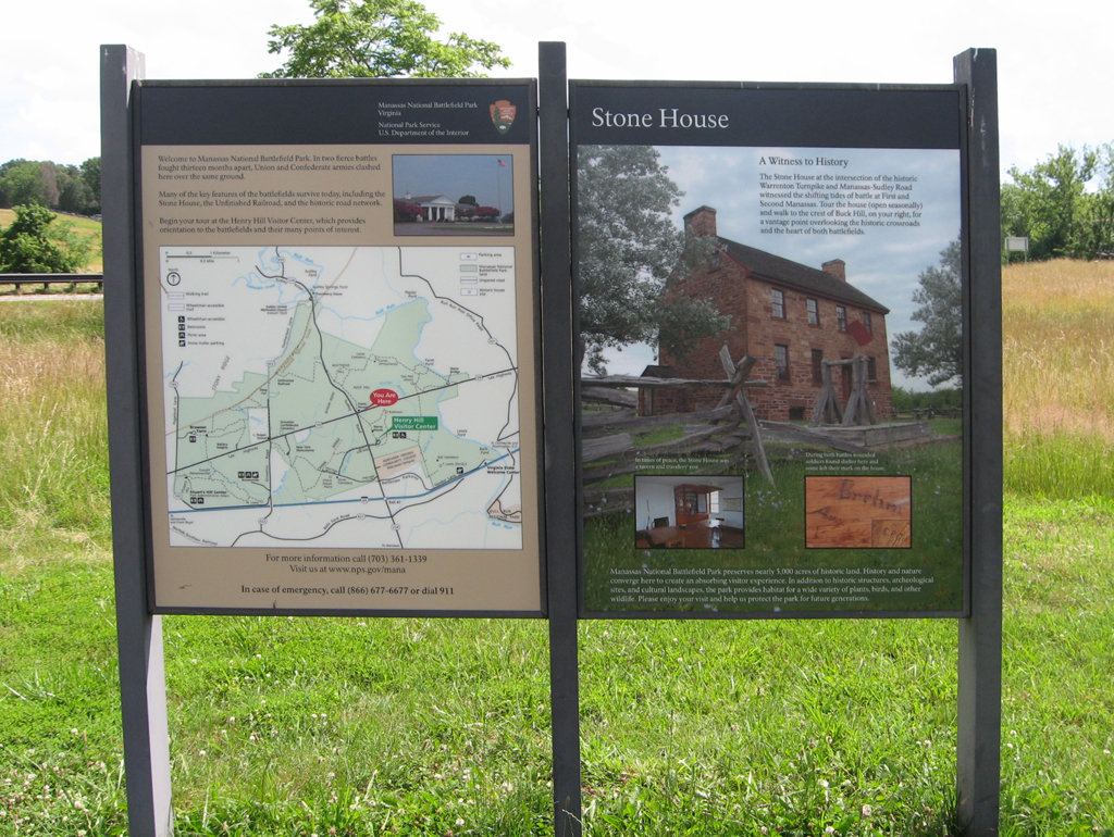 The Stone House orientation marker is at Stop 3 on the Manassas Battlefield Driving Tour.