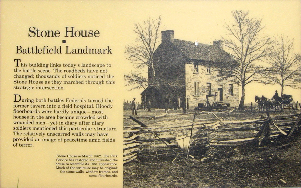 The Stone House Battlefield Landmark wayside marker is at Stop 3 on the Manassas Battlefield Driving Tour.