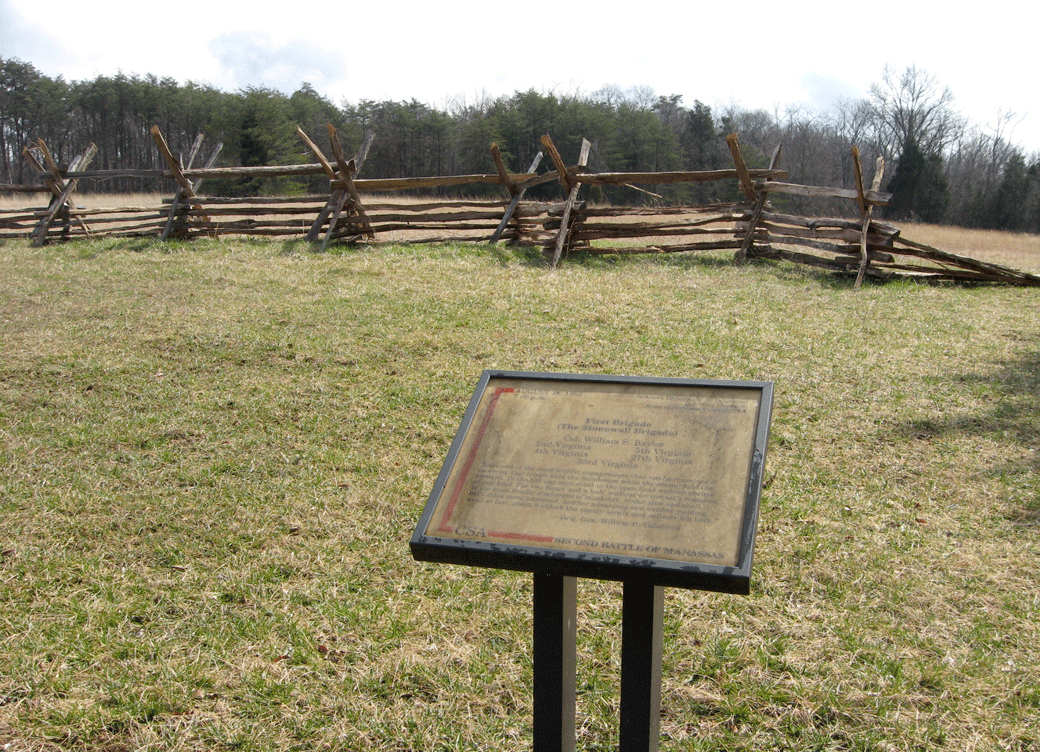 The First Brigade (The Stonewall Brigade) trailside marker is on the Brawner Farm loop trail at Stop One on the Manassas Battlefield Driving Tour.