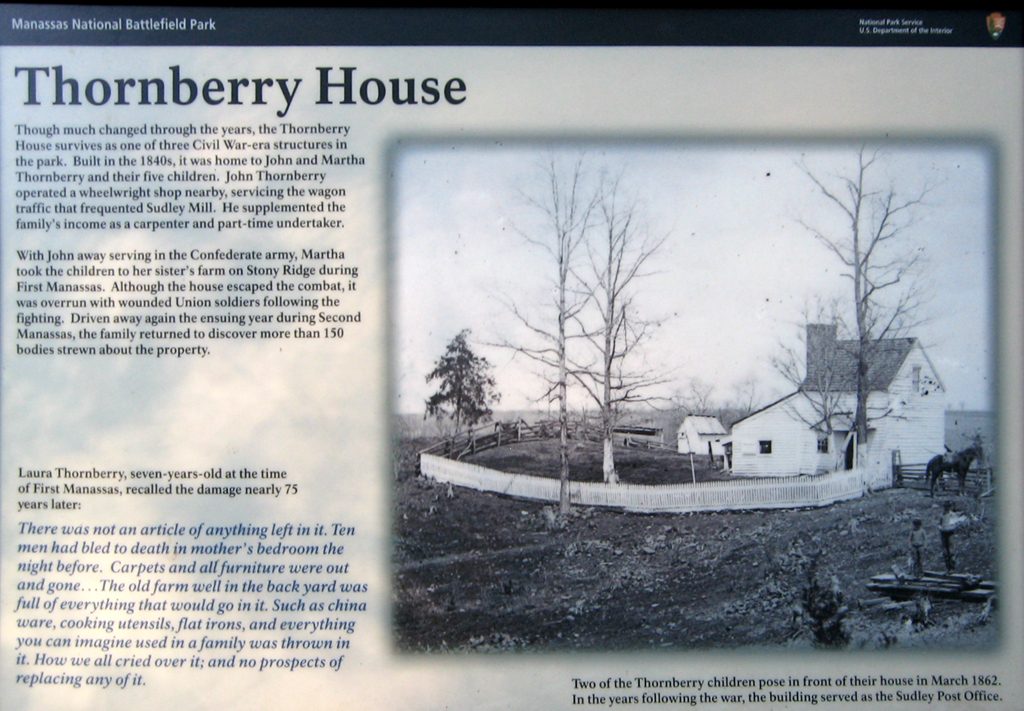 Closeup of the Thornbury House wayside marker on the Manassas battlefield