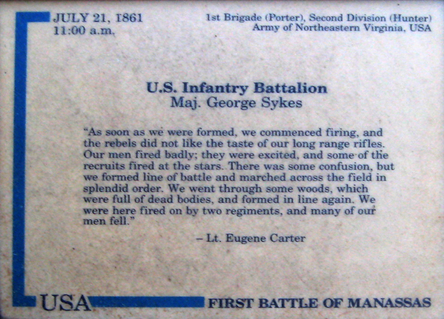 The U.S. Infantry Battalion trailside marker is on the Matthews Hill Loop Trail which begins at Stop 4 on the Manassas Battlefield Driving Tour.