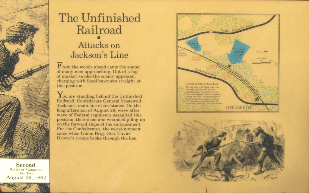The Unfinished Railroad wayside marker is along the Unfinished Railroad, reached from Stop 6 on the Manassas Battlefield Driving Tour.
