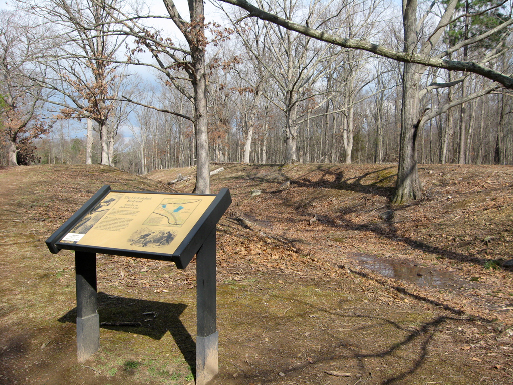 The Unfinished Railroad wayside marker is along the Unfinished Railroad, reached from Stop 6 on the Manassas Battlefield Driving Tour.