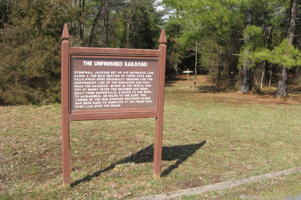 The Unfinished Railroad marker at Stop 6 on the Manassas Battlefield Driving Tour